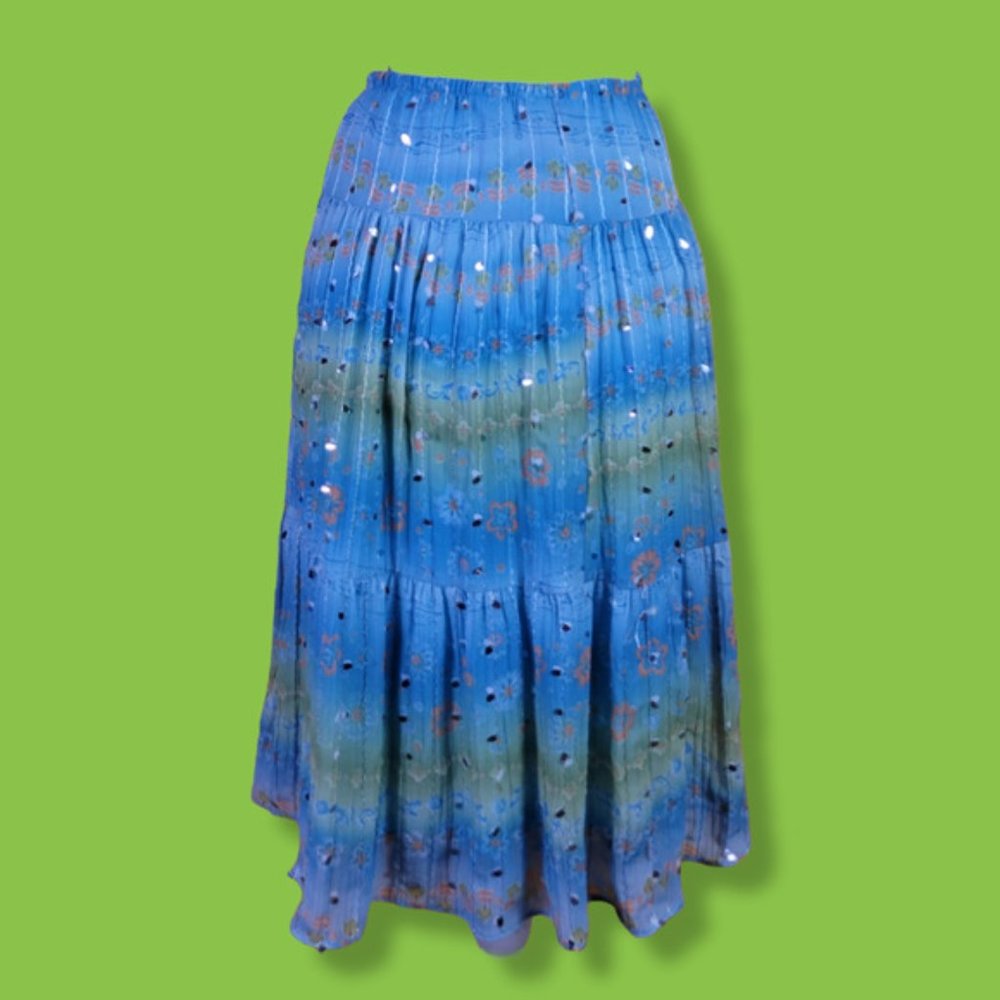 Y2k Hipnotix Blue Green Sequin Tiered Peasant Midi Fairy Skirt, 6